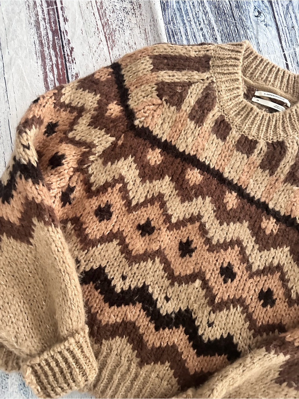 Anthropologie Wool Blend Chunky Fair Isle Knit Sweater in Beige & Brown - Picture 3 of 10